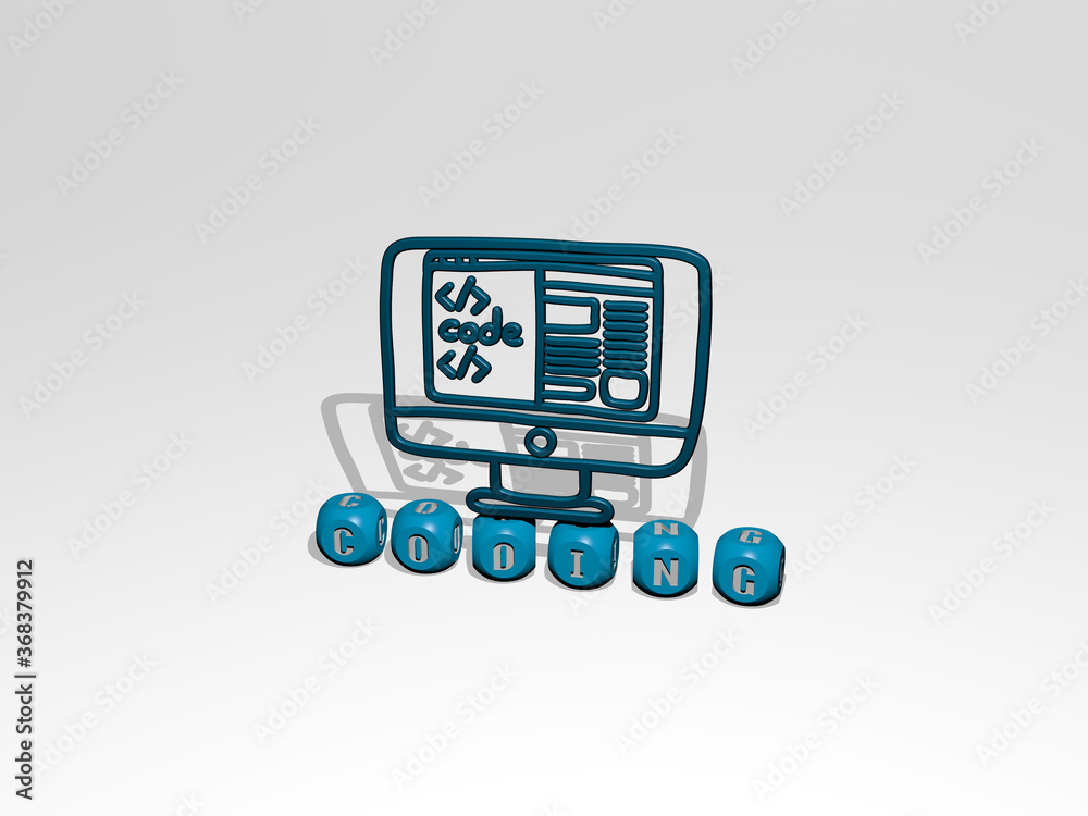Fototapete 3d illustration of coding graphics and text made by metallic dice letters for the related meanings o