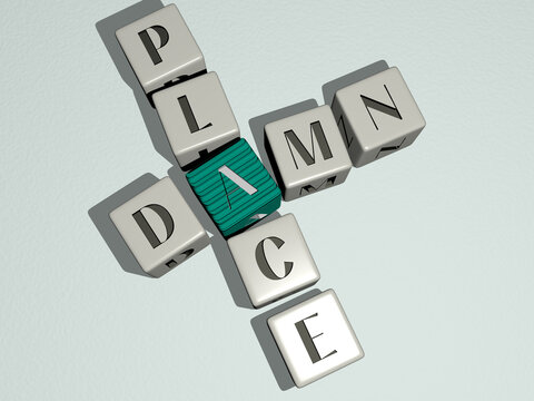 DAMN PLACE combined by dice letters and color crossing for the related meanings of the concept. illustration and black