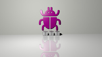 3D illustration of BUG graphics and text made by metallic dice letters for the related meanings of the concept and presentations. background and animal