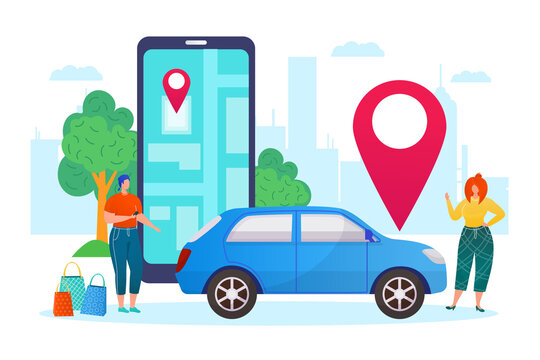 Carsharing, share tranport vehicle concept, rental car business flat vector Illustration. Auto rent service with smartphone app and people share car. Smart parking and car-sharing urban city economy.