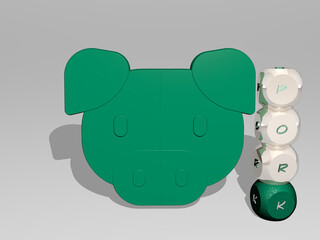 3D representation of PORK with icon on the wall and text arranged by metallic cubic letters on a mirror floor for concept meaning and slideshow presentation. meat and food