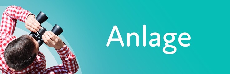 Fototapeta premium Anlage. Mann mit Fernglas aus Vogelperspektive. Beobachtung, Draufsicht, Panorama. Business Text auf blau. Statistik, Wirtschaft