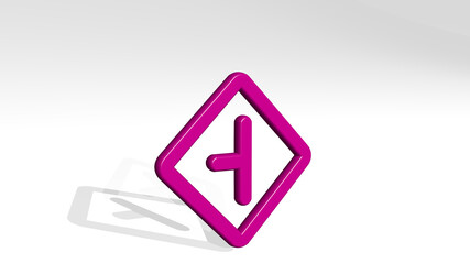 road sign right turn made by 3D illustration of a shiny metallic sculpture with the shadow on light background. city and car