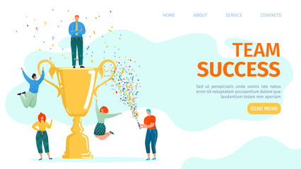 Business team success, team-work leadership qualities in creative team landing webpage template, vector illustration. Little people holding a large win cup, happy for the victory, achivement.