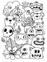 Hand-drawn illustrations, monsters doodle, Hand drawn cartoon monster illustration, Cartoon crowd doodle hand-drawn pattern, Doodle style. © junnsang