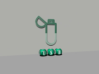 3D representation of usb with icon on the wall and text arranged by metallic cubic letters on a mirror floor for concept meaning and slideshow presentation. illustration and background