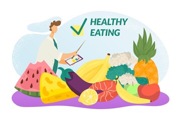 Eco healthy eating, fresh vegetables and fruits for diet and lifestyle, organic food, natural products, online food ordering vector illustration. Vegetarian and vegans menu, eco eating for health.