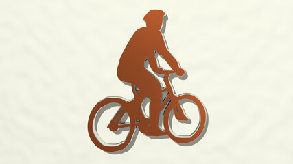 cyclist made by 3D illustration of a shiny metallic sculpture on a wall with light background. bicycle and bike