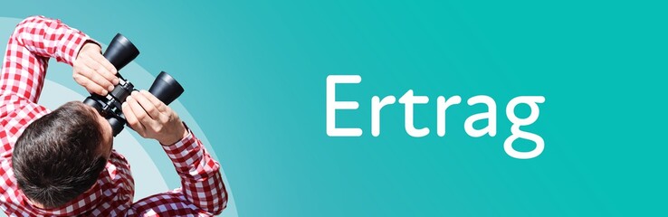 Naklejka premium Ertrag. Mann mit Fernglas aus Vogelperspektive. Beobachtung, Draufsicht, Panorama. Business Text auf blau. Statistik, Wirtschaft