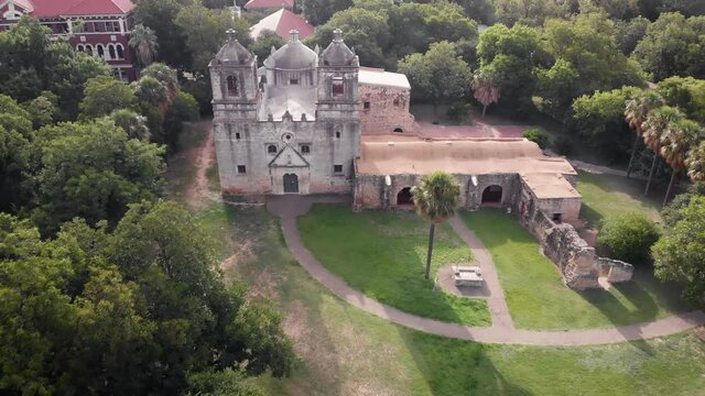 A Drone Flies Over The Beautiful Grounds Of Mission Concepcion In San Antonio, Texas