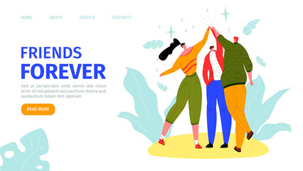 Friends forever, happy friendship day landing vector illustration. Three friends high five for special event celebration, best friend forever. Relationship, fun, youth social project web banner.