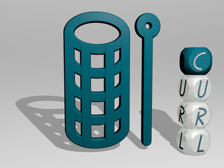 3D representation of CURL with icon on the wall and text arranged by metallic cubic letters on a mirror floor for concept meaning and slideshow presentation. illustration and background