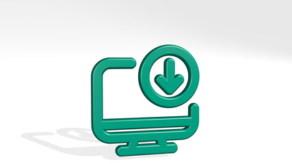 desktop monitor download stand with shadow. 3D illustration of metallic sculpture over a white background with mild texture. computer and business