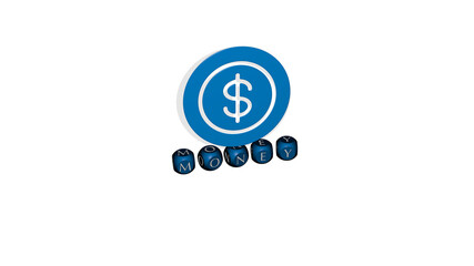 3D graphical image of money vertically along with text built by metallic cubic letters from the top perspective, excellent for the concept presentation and slideshows. illustration and business