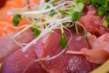 鮮度の良いお刺身丼は日本人の大好物～マグロ・サーモン・いくら～おまけに甘えびとネギトロ