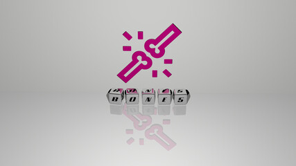 3D representation of BONES with icon on the wall and text arranged by metallic cubic letters on a mirror floor for concept meaning and slideshow presentation. illustration and background