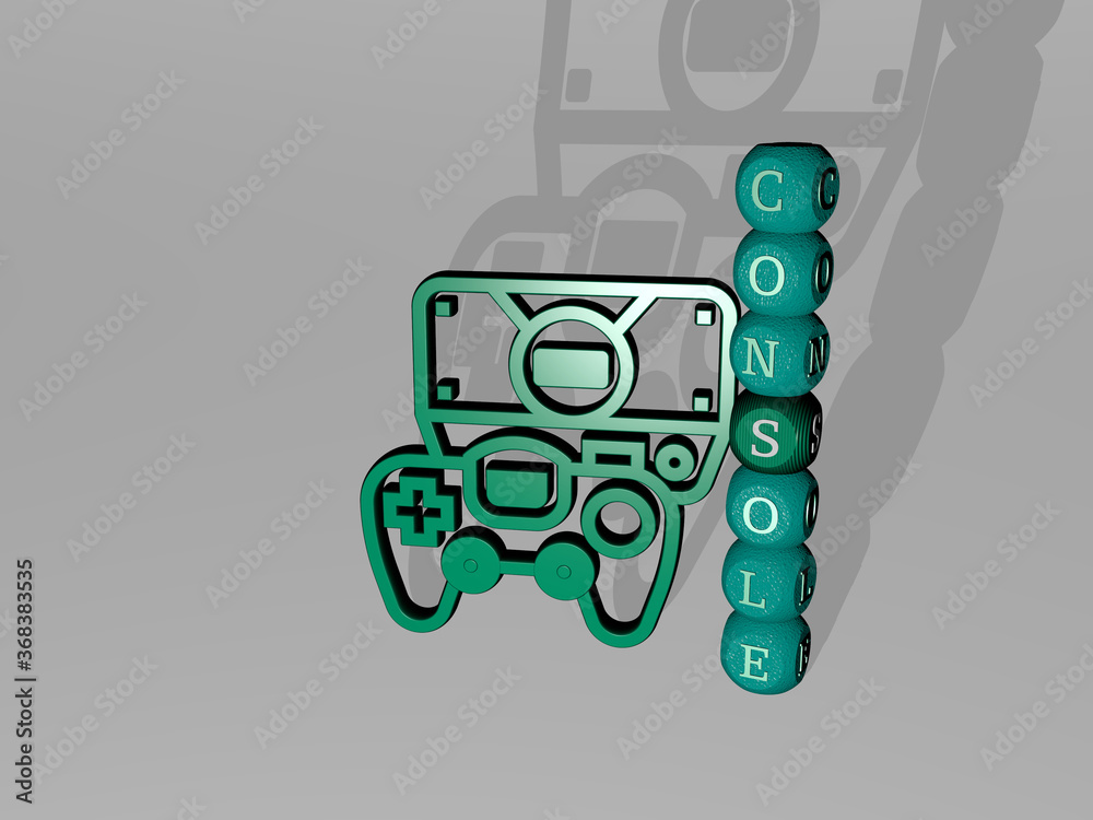 Fototapete 3d illustration of console graphics and text around the icon made by metallic dice letters for the r