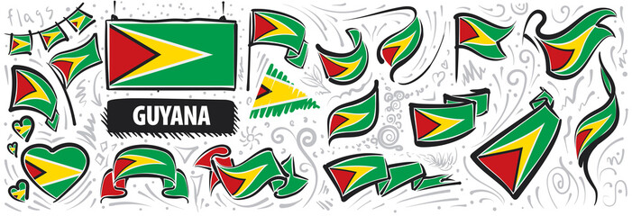 Vector set of the national flag of Guyana in various creative designs