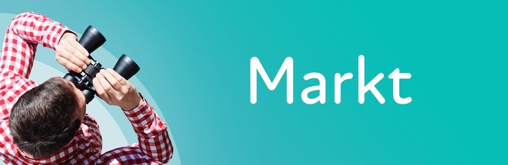 Fototapeta premium Markt. Mann mit Fernglas aus Vogelperspektive. Beobachtung, Draufsicht, Panorama. Business Text auf blau. Statistik, Wirtschaft