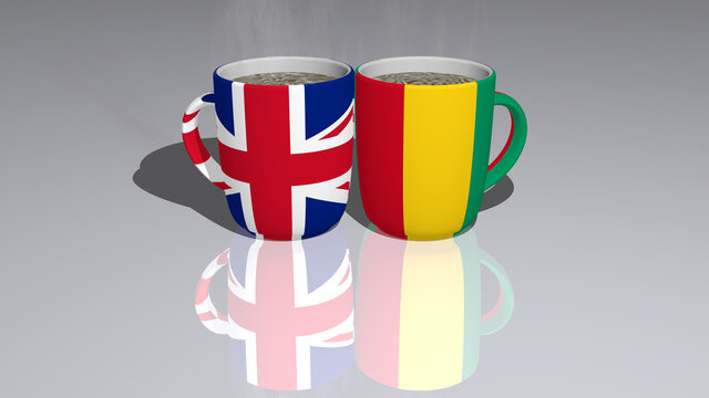 UNITED-KINGDOM GUINEA relationship shown by national flags over coffee cups on mirror floor as editorial and commercial image