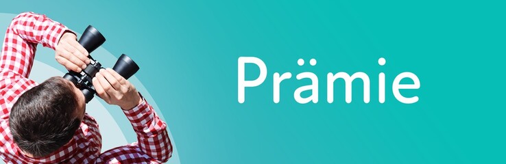 Fototapeta premium Prämie. Mann mit Fernglas aus Vogelperspektive. Beobachtung, Draufsicht, Panorama. Business Text auf blau. Statistik, Wirtschaft