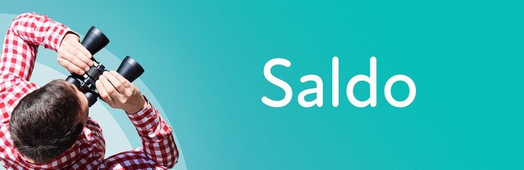 Naklejka premium Saldo. Mann mit Fernglas aus Vogelperspektive. Beobachtung, Draufsicht, Panorama. Business Text auf blau. Statistik, Wirtschaft