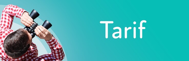 Fototapeta premium Tarif. Mann mit Fernglas aus Vogelperspektive. Beobachtung, Draufsicht, Panorama. Business Text auf blau. Statistik, Wirtschaft