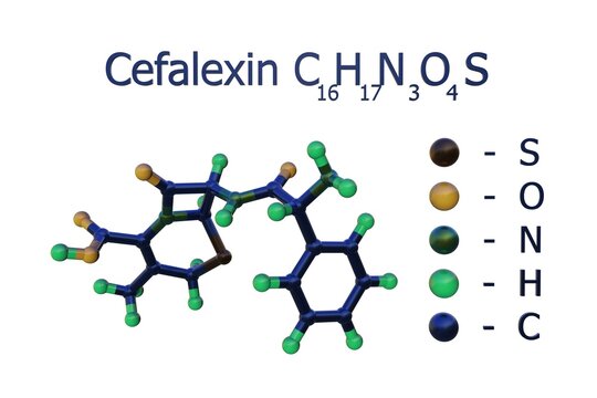 Structural chemical formula and molecular model of cefalexin or cephalexin, a beta-lactam, first-generation cephalosporin antibiotic with bactericidal activity. 3d illustration