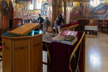 Holy books lie on a stand in the Church of the Apostles located on the shores of the Sea of Galilee, not far from Tiberias city in northern Israel