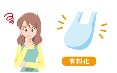 レジ袋が有料になり困る主婦のイラスト