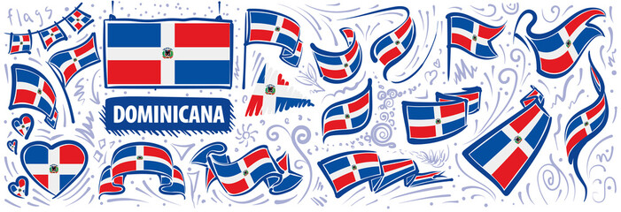 Vector set of the national flag of Dominicana in various creative designs - obrazy, fototapety, plakaty