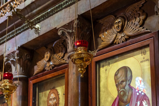 The gold ornamental lampade hangs in the main hall of the Church of the Apostles located on the shores of the Sea of Galilee, not far from Tiberias city in northern Israel