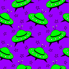 Seamless pattern with Flying Saucers, UFO. Vector background and texture for fabric, wrapping, wallpaper, textile, apparel, cover