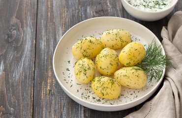 Young boiled potatoes with dill and garlic sour cream sauce on wooden table