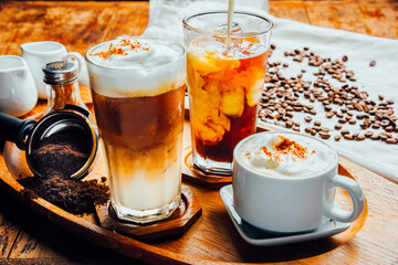 Coffee latte, cappuccino,black espresso and glass collection with coffee beans on wood table ,  The drink menu . cafe image