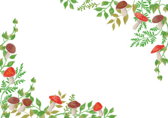 きのこと植物のフレーム飾りベクター