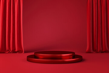 Stage podium or product stand on red velvet curtain background with luxury and elegant fashion concept. Template of creative product shelf for love and passion product presentation. 3D rendering.