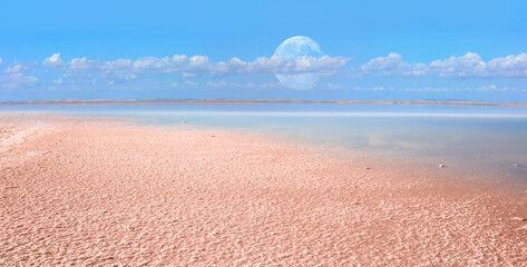 Beautiful landscape with panoramic view of pink Salt Lake full moon in the background - Ankara, Turkey 