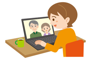 オンライン帰省でノートパソコンで両親と通話する若い女性のイラスト/白背景	