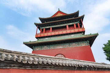 The bell tower under the clear blue sky in Beijing, China.Bell tower is a famous tourist attraction with a long history in Beijing.Drum Tower, Beijing, China. Bell and Drum Tower, Beijing, China