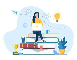 Girl sitting on pile of books. Concept illustration of online courses, distance studying, self education, digital library. E-learning banner. Online education. Vector illustration in flat style - obrazy, fototapety, plakaty