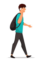 Smiling man walks and talking on smartphone