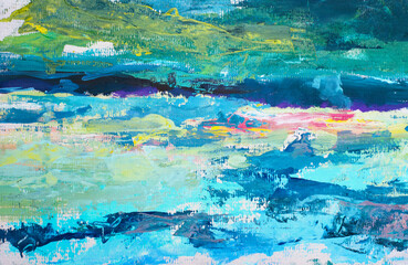 Colorful abstract acrylic painting. Landscape with sea. Contemporary fine art.