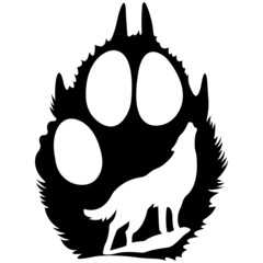 Silhouette of a paw of a beast inside a howling wolf drawn in a flat style. Design for tattoo, logo, emblem, mascot, sticker, symbol, banner, print on t-shirts and clothes. Isolated vector stock