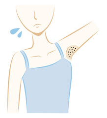 脇の下が黒ずんでいる女性／肌トラブル／脱毛／黒ずみ／色素沈着／埋没毛／手描き風