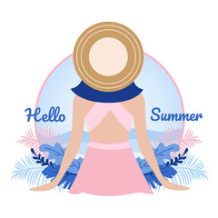 Hello summer poster with cute lady wearing big hat