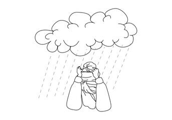 A young girl is hiding in a scarf from the cold and wet snow or rain.Seasonal depression,loneliness and frustration concept.line art hand drawn illustration.Stock vector illustration isolated on white