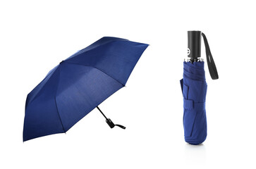 Blank Blue Foldable Umbrella for mock up. Isolated on White Background. Clear light weight umbrella...