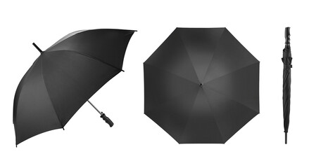 Blank black umbrella with handle for mock up. Clear parasol for template Isolated on white background. Empty long straight umbrella for branding. Studio Photography shoot. Open, side & close view.