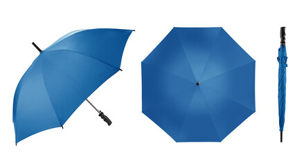 Blank blue umbrella with handle for mock up. Clear parasol for template Isolated on white background. Empty long straight umbrella for branding. Studio Photography shoot. Open, side & close view. - obrazy, fototapety, plakaty